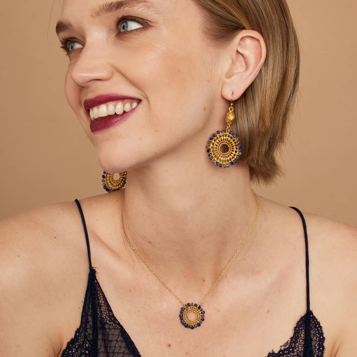 Nelly Sunburst Charm Short Necklace - Labradorite and Black Onyx image 1