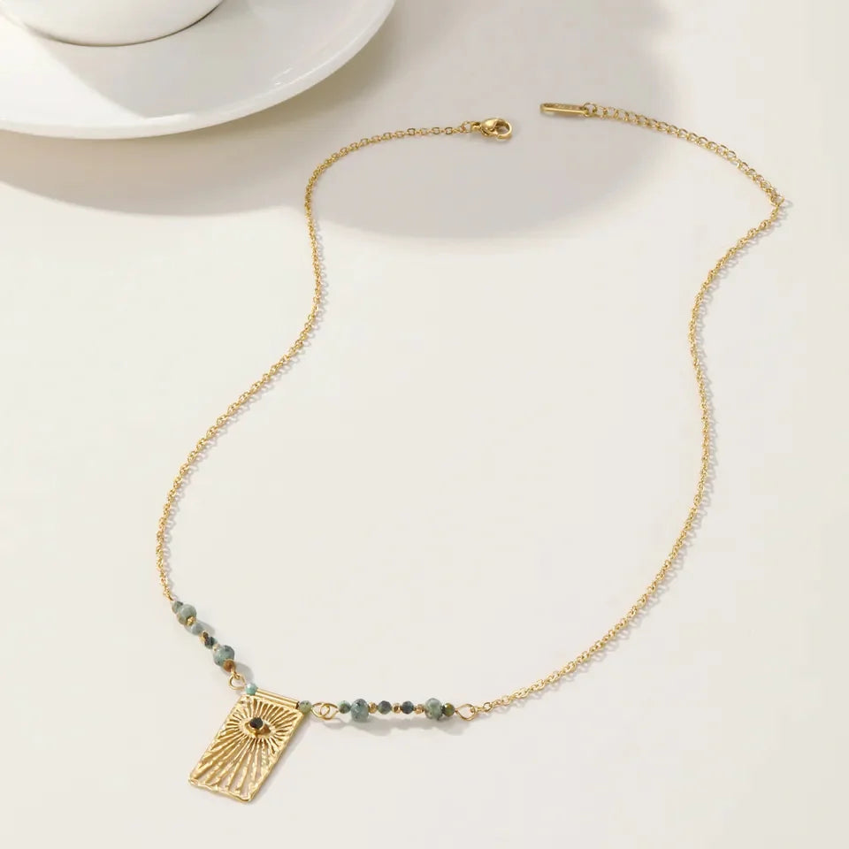 Green Beaded Eye Rectangle Pendant Necklace image 0