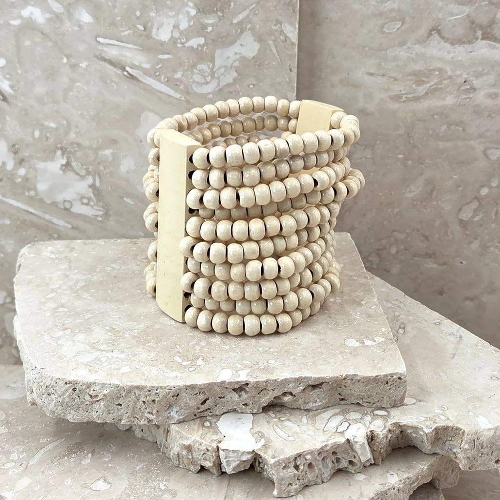 Stretchy Dual Wooded Beaded Cuff Bracelet image 1