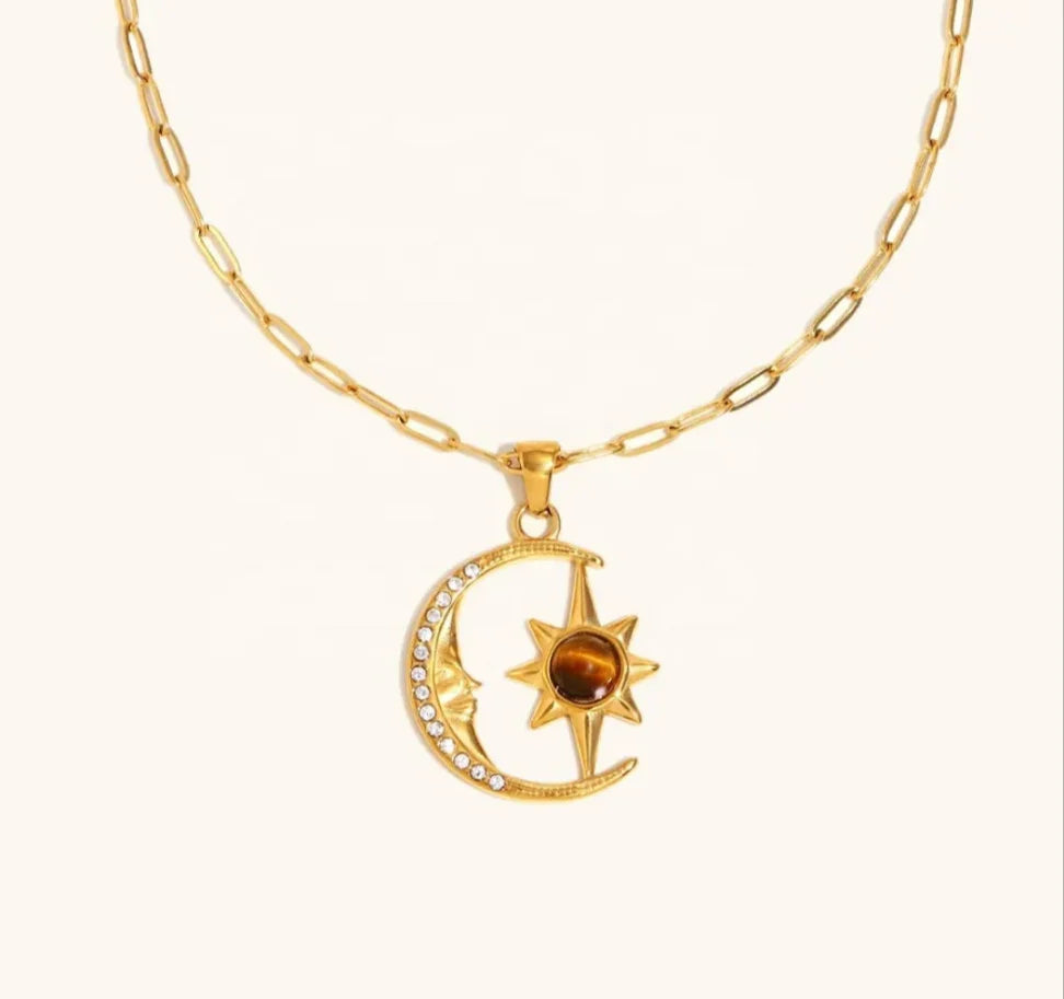 Tigers Eye Stone Moon & Star Pendant Necklace image 0