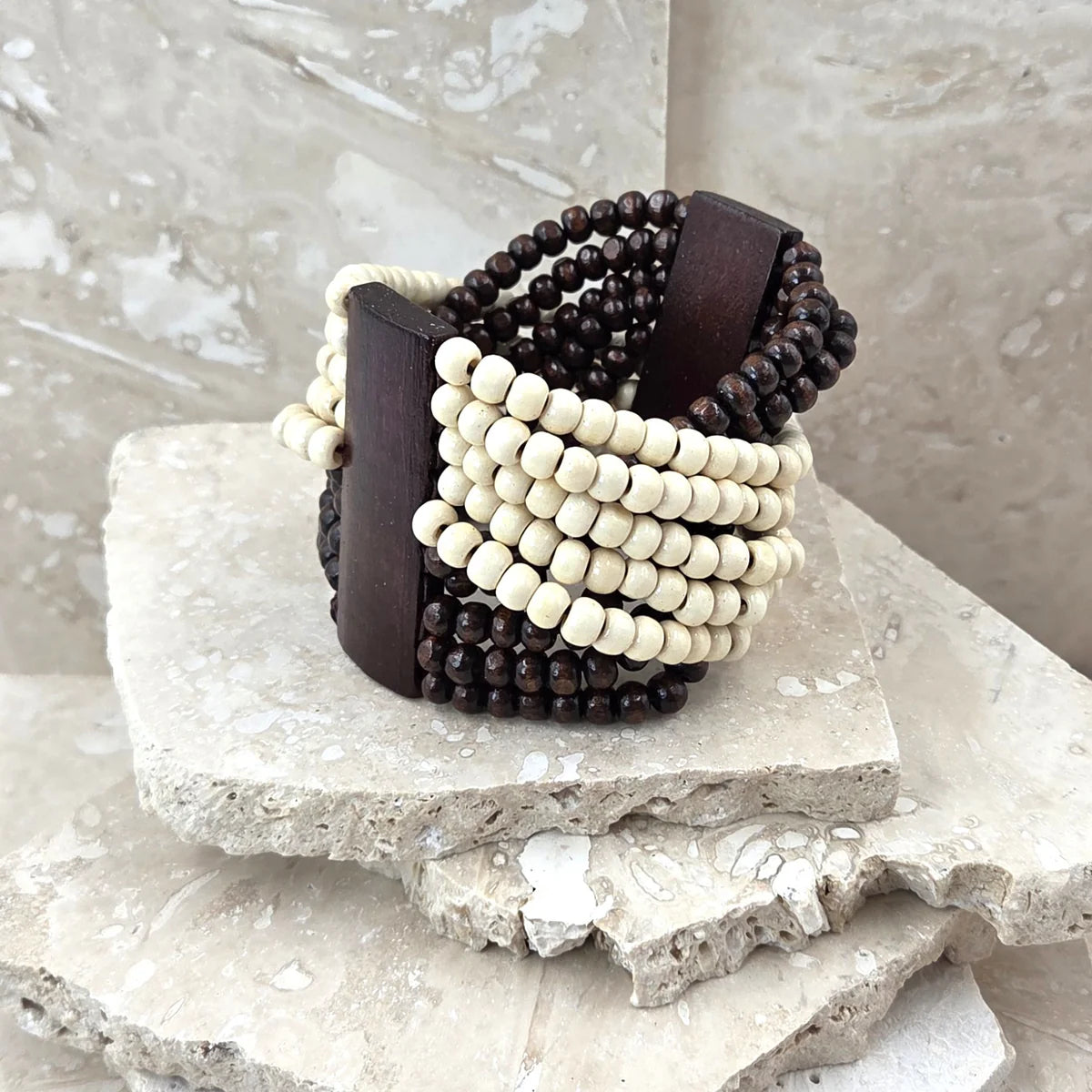 Stretchy Dual Wooded Beaded Cuff Bracelet image 0