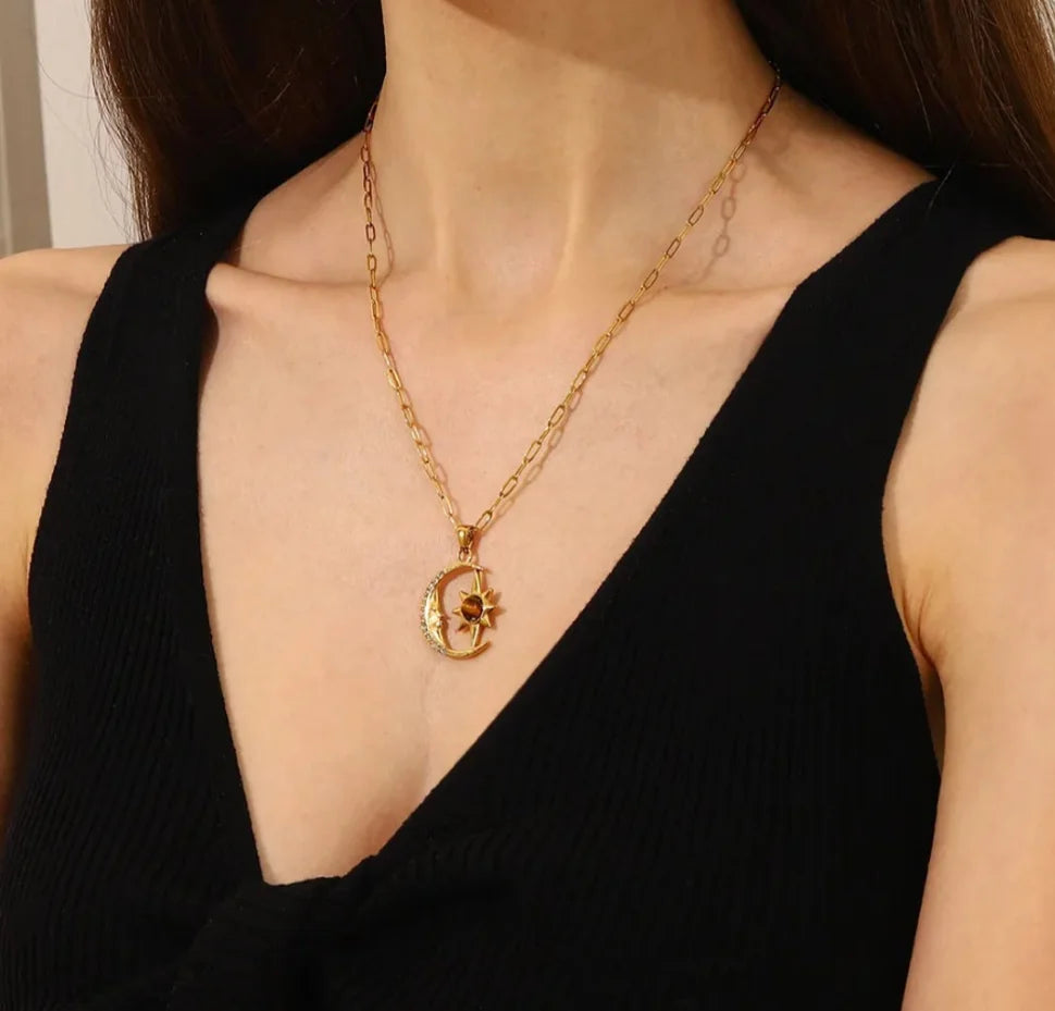 Tigers Eye Stone Moon & Star Pendant Necklace image 1