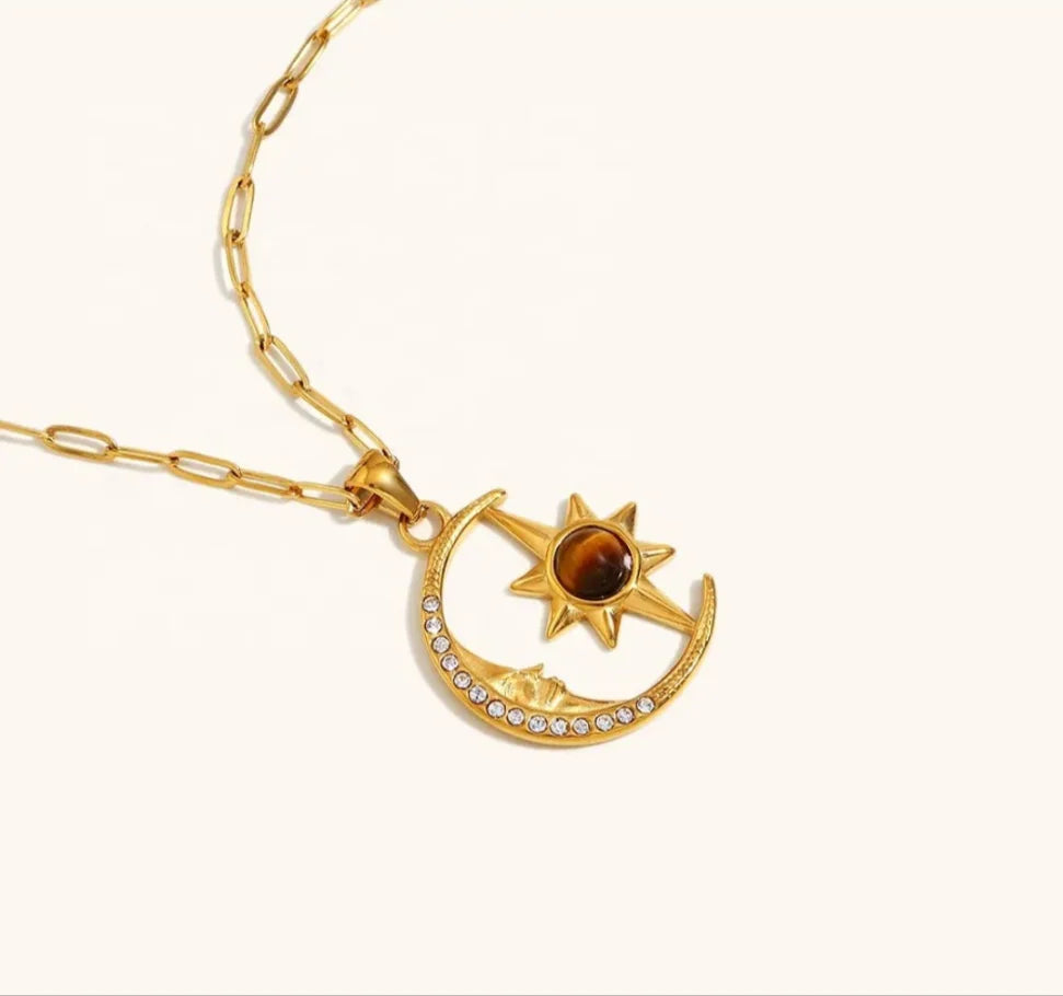 Tigers Eye Stone Moon & Star Pendant Necklace image 2