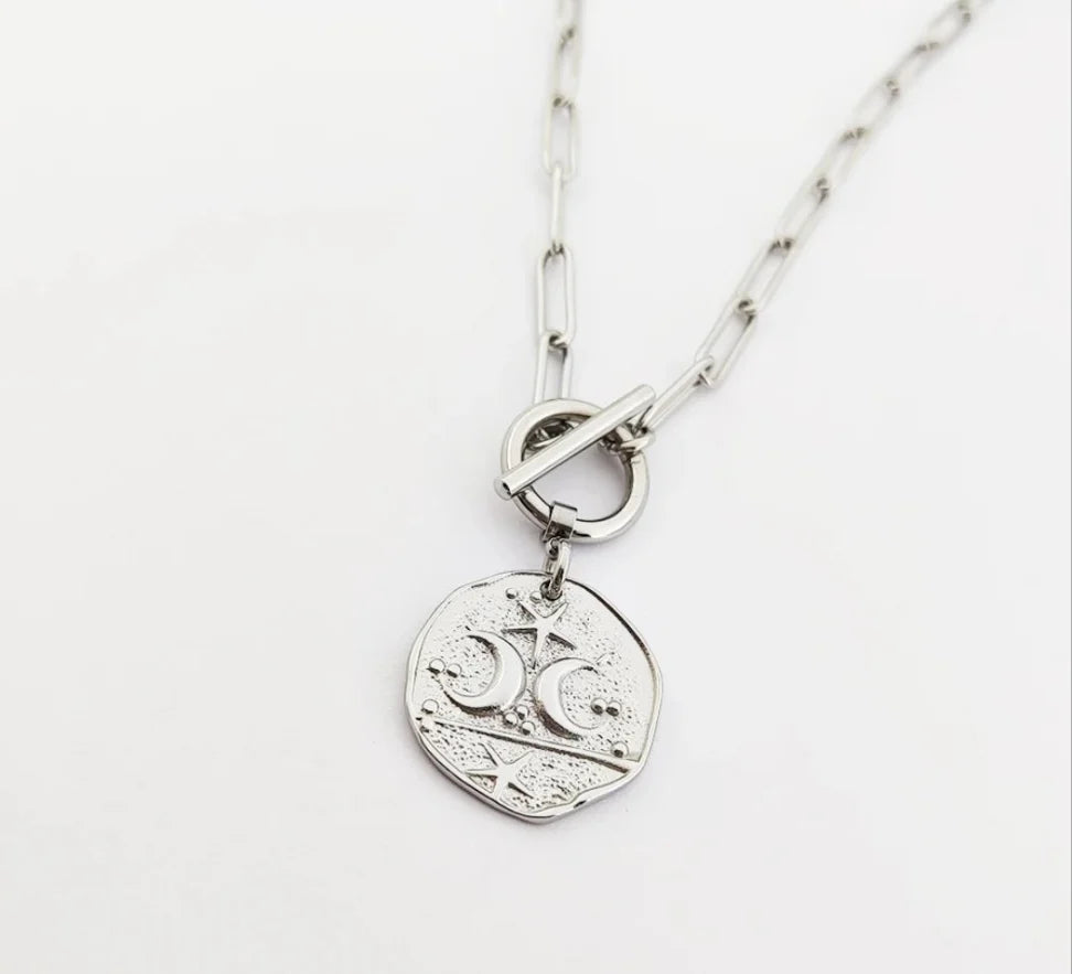 Moon & Star T Bar Paperclip Chain Necklace in Silver image 0