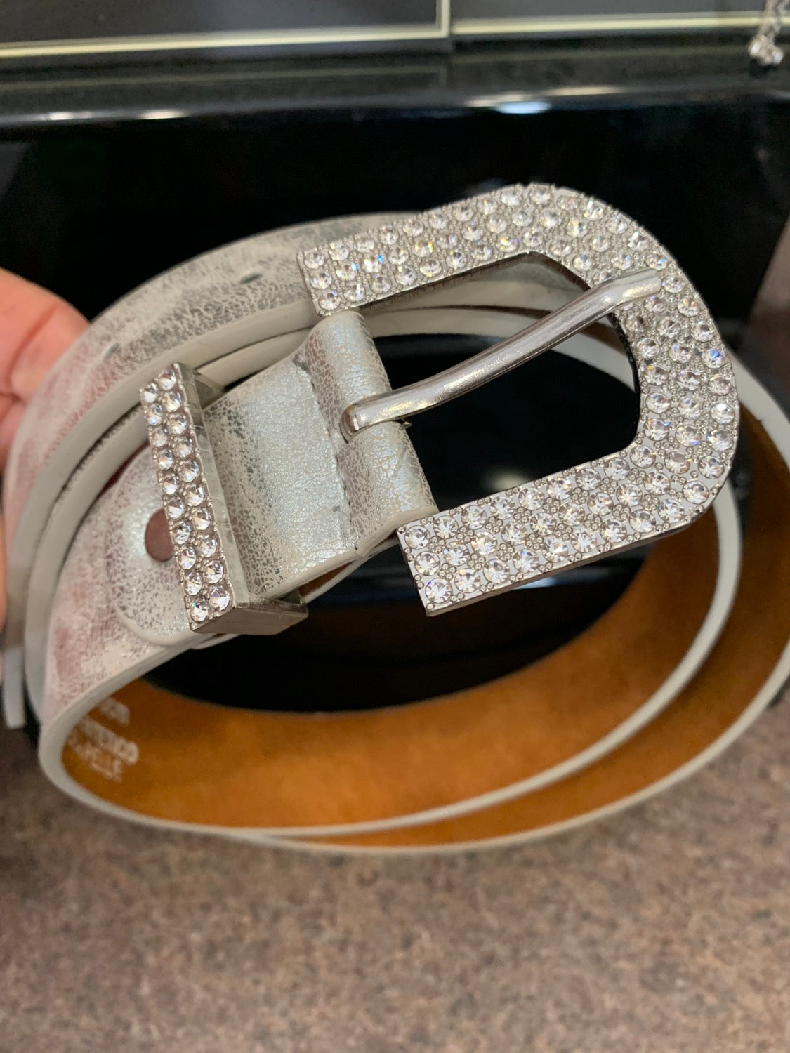 Metallic leather belt with sparkle buckle image 0
