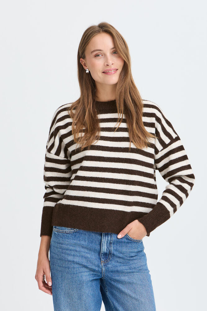 B Young Mea Chocolate Brown Cream Stripe Sweater