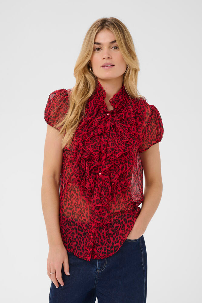 Saint Tropez Leopard Ruffle Front Shirt Top