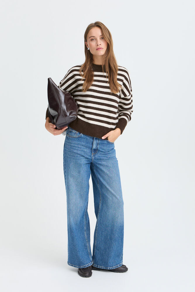 B Young Mea Chocolate Brown Cream Stripe Sweater
