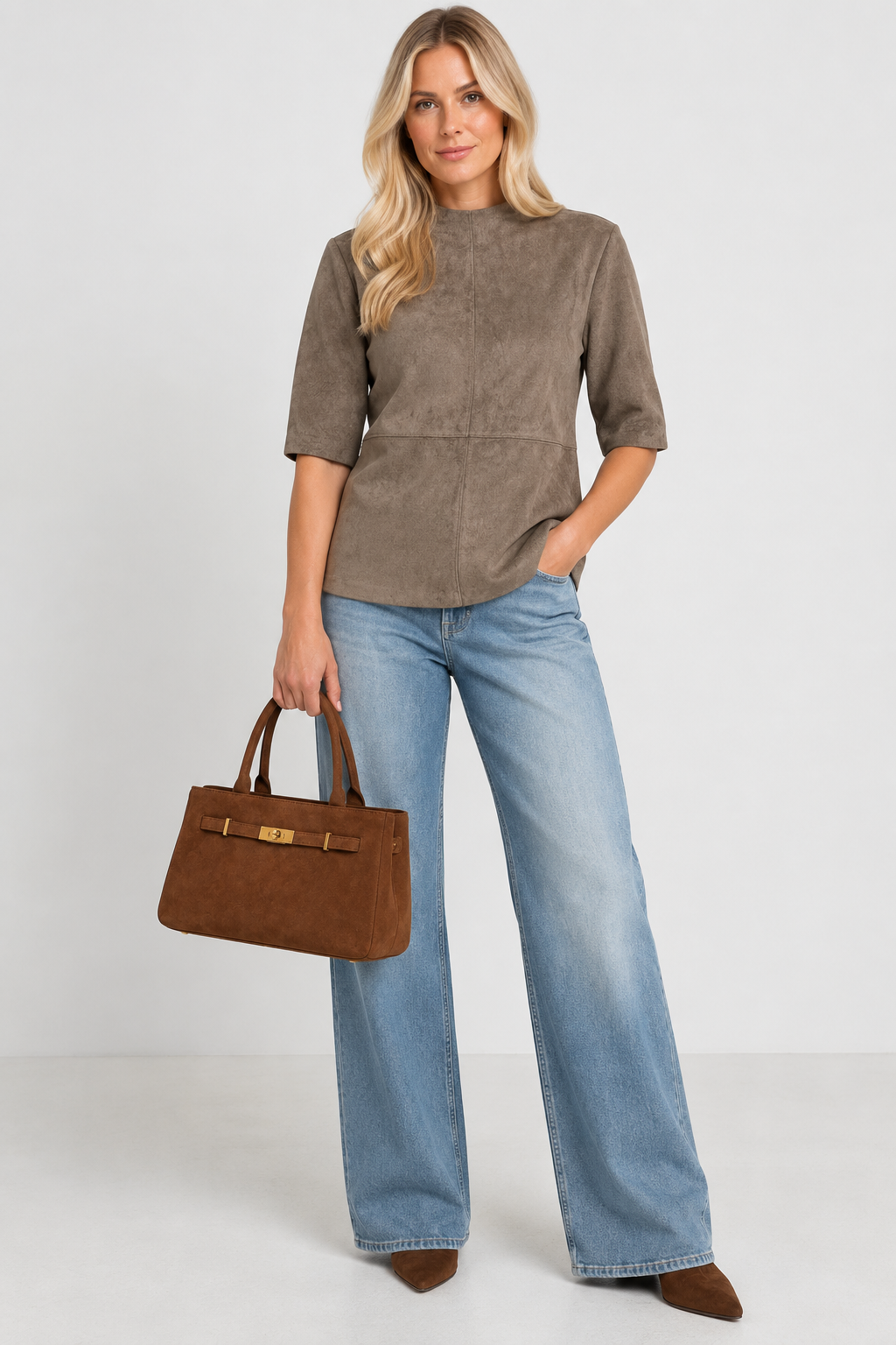 Ingrid Suedette Top in Taupe