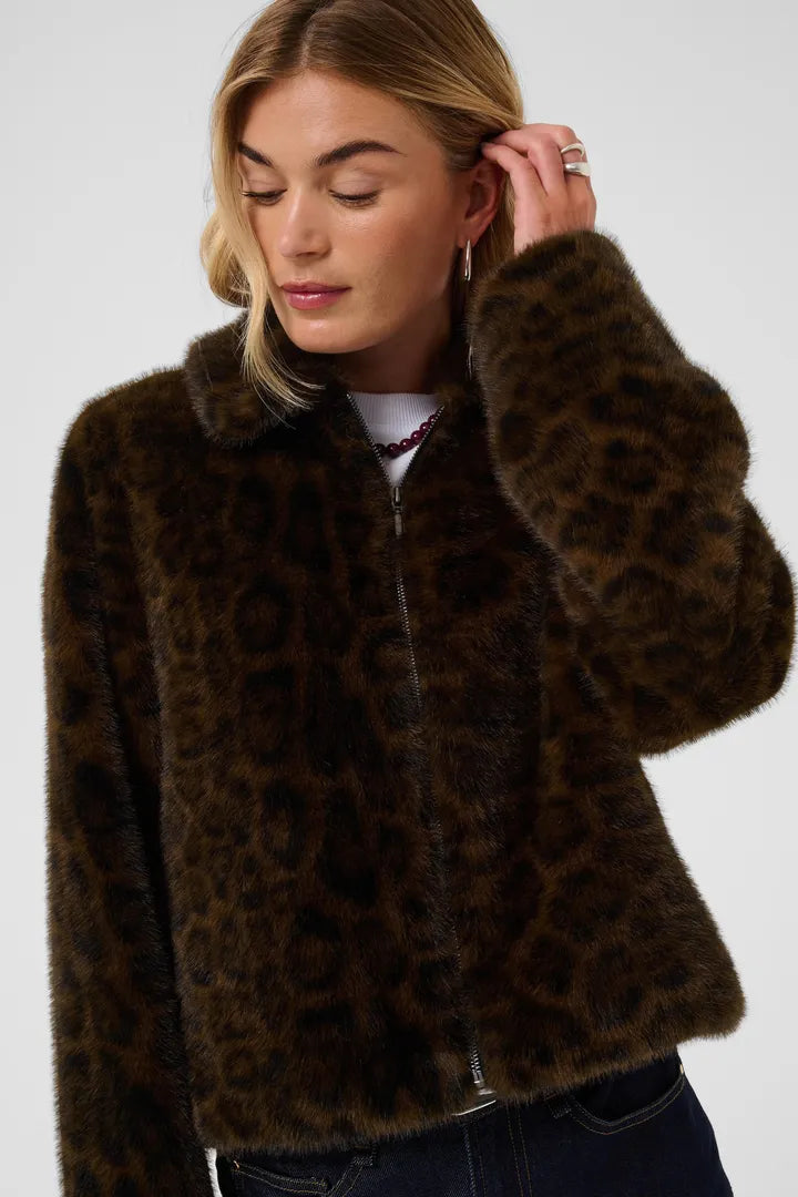 Tally Leopard Print Faux Fur Jacket – Chocolate Brown