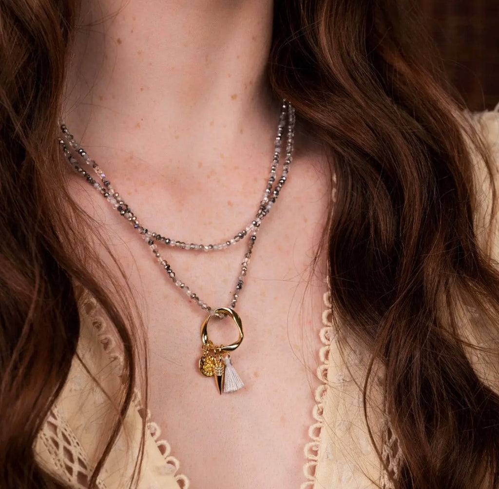 Long Spark Grey Bead Necklace