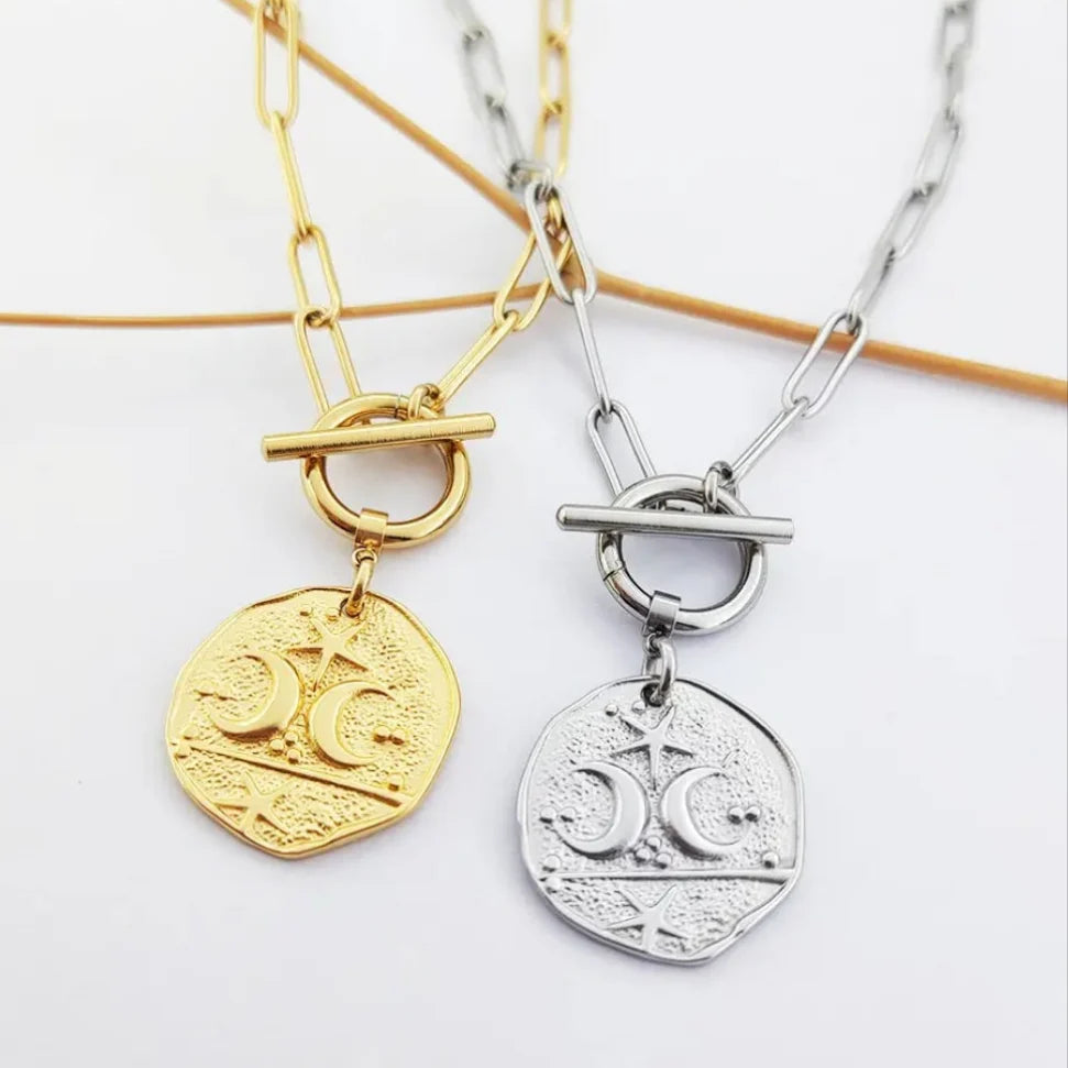 Moon & Star T Bar Paperclip Chain Necklace in Silver image 1