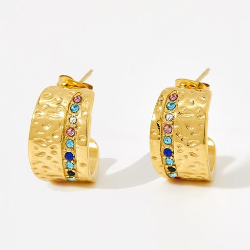 Hammered Huggie Earrings with Multi Stones image 0