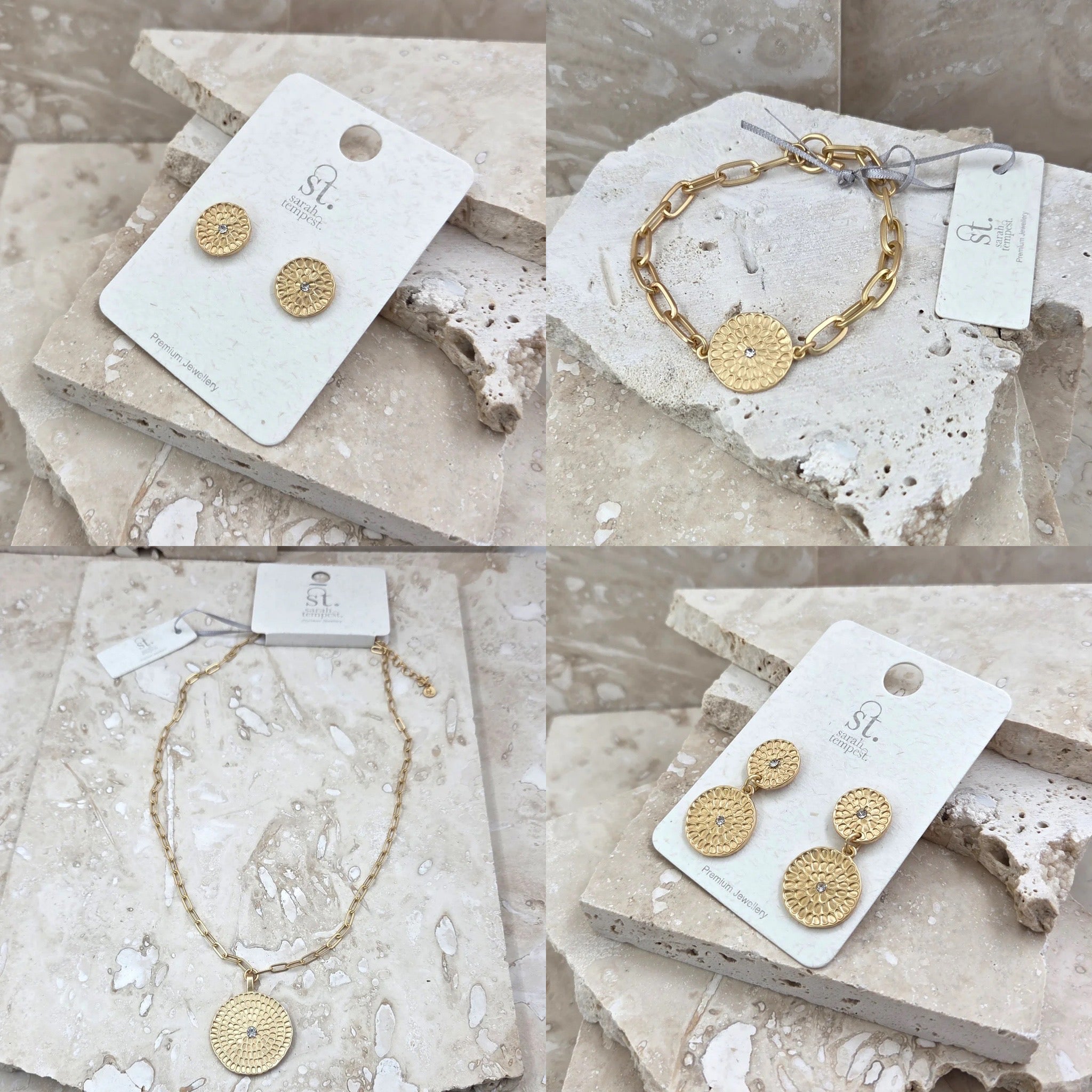 Temple Matt Gold Disc Earrings Necklace Bracelet  image 0