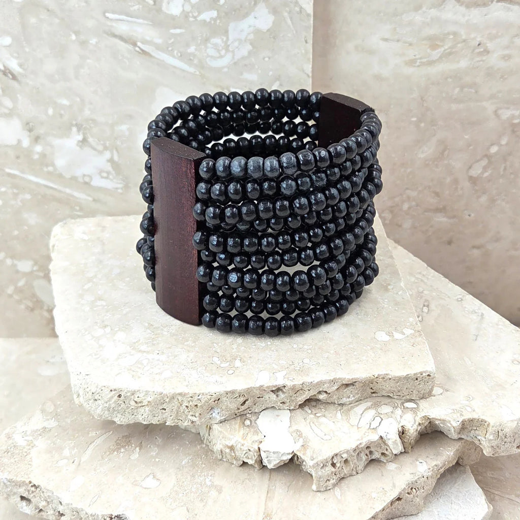 Stretchy Dual Wooded Beaded Cuff Bracelet image 2